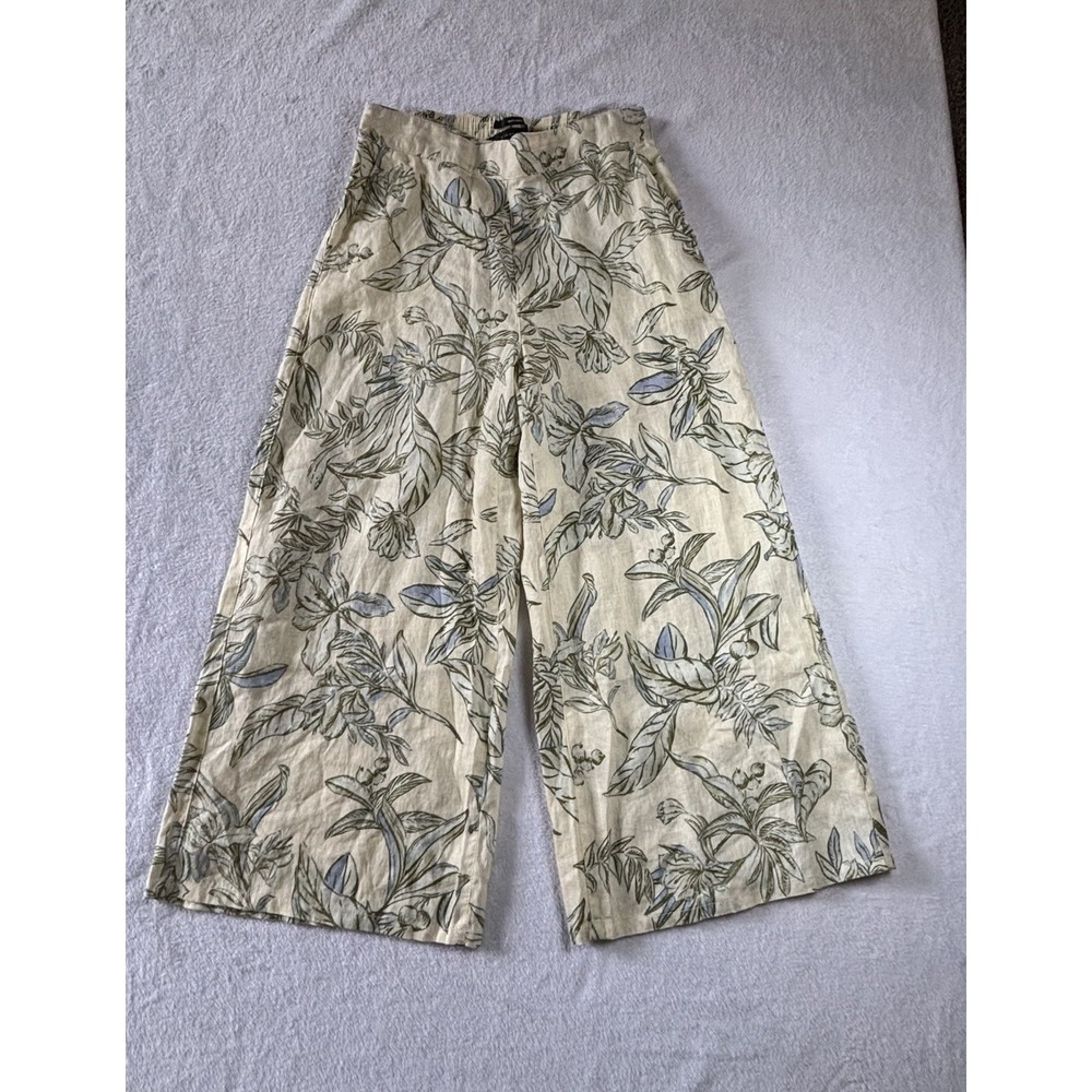 TAHARI Women 100% Linen Floral Wide Leg Cropped Pants Size M Pockets Yellow